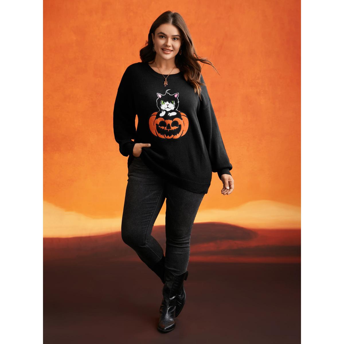 Plus Size Embroidered Cat In Pumpkin Crew Neck Pullover Black Women Casual Long Sleeve Round Neck Everyday Pullovers BloomChic 18-20/2X Product Image