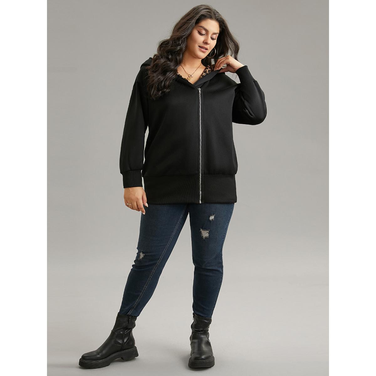 Plus Size Leopard Patchwork Zipper Hooded Jacket Women Black Contrast Pocket Dailywear Jackets BloomChic 18-20/2X Product Image