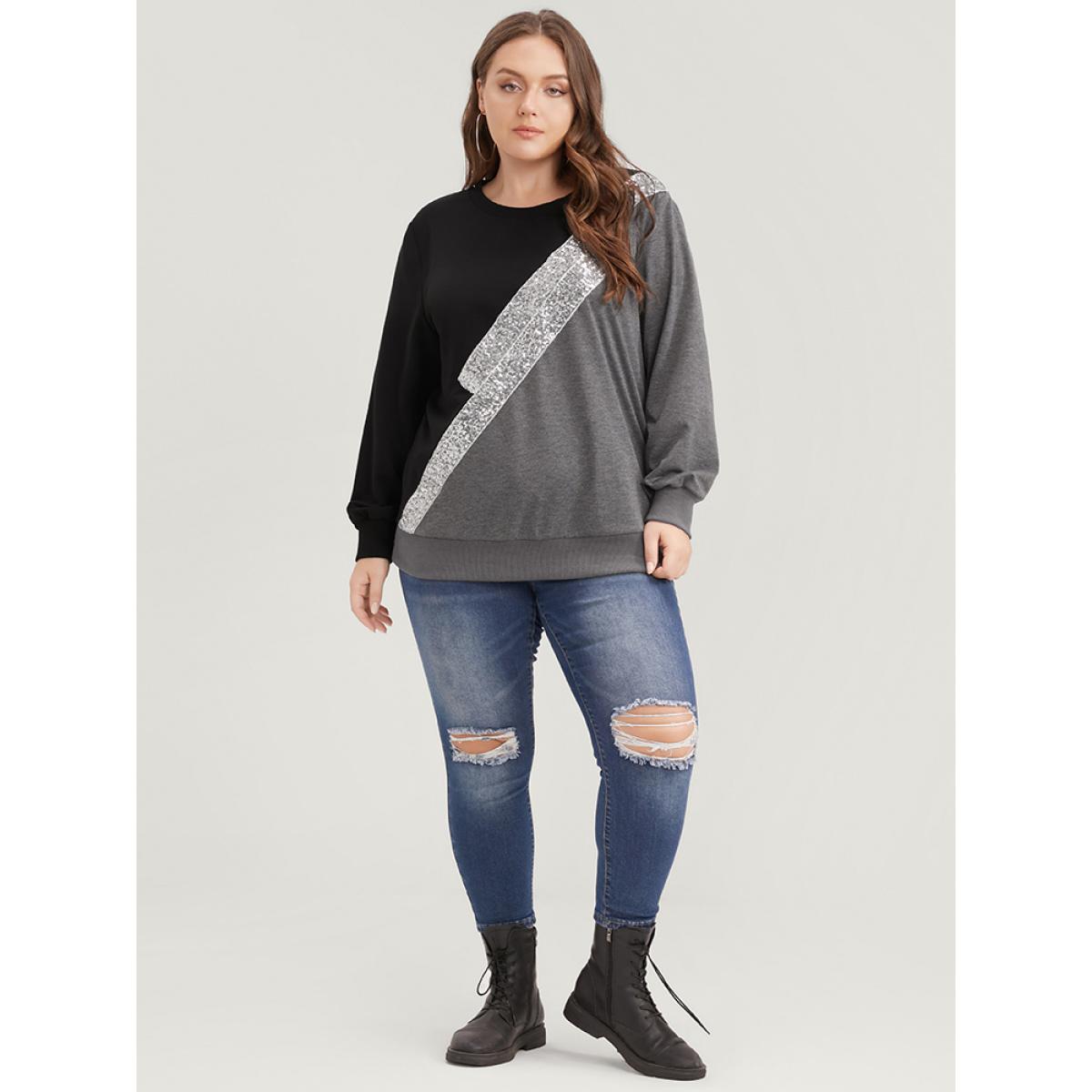 Plus Size Colorblock Contrast Sequin Drop Shoulder Sweatshirt Women DimGray Casual Contrast Round Neck Dailywear Sweatshirts BloomChic 28/5X Product Image