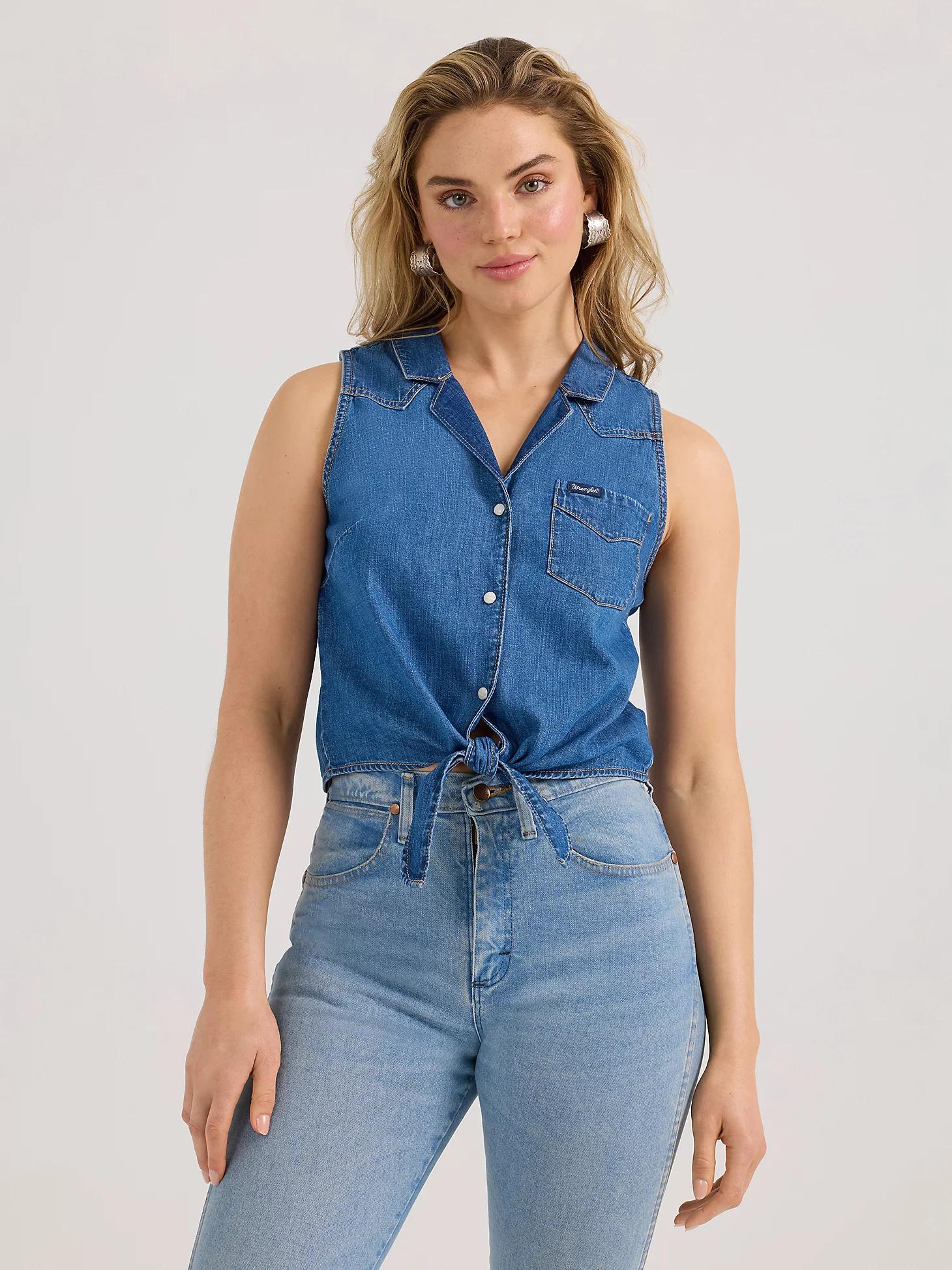 Women's Denim Sleeveless Tie Front Shirt | Women's TOPS | Wrangler® Product Image