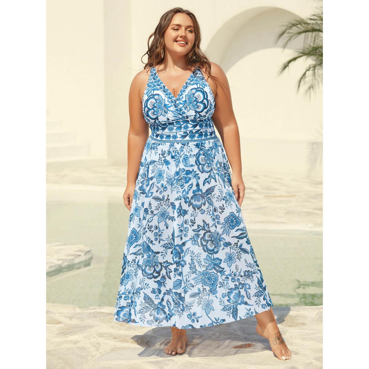 Plus Size Two-Piece Floral Print Ruched Mesh Swimsuit, Sarong Women's Swimwear Cerulean Resort Gathered Curve Bathing Suits High stretch One Pieces BloomChic 22-24/3X Product Image