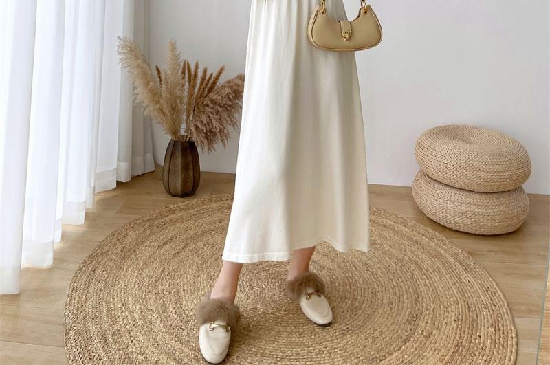 Maternity Long-Sleeve Notch Neck Plain Midi A-Line Knit Dress Product Image