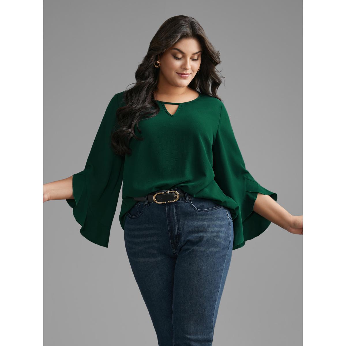 Plus Size Emerald Solid Keyhole Ruffle Sleeve Blouse Women Elegant Extra Long Sleeve Round Neck Everyday Blouses BloomChic 12/L Product Image