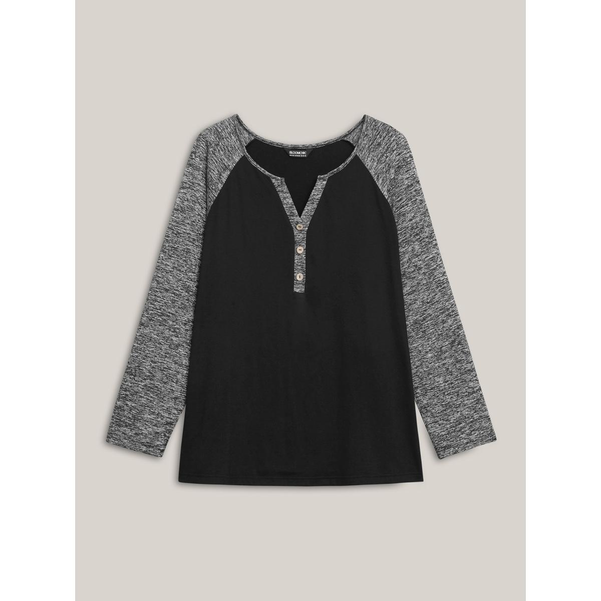 Plus Size Heather Patchwork Button Detail Stretchy T-Shirt Black Women Casual Contrast Flat collar with V-notch Everyday T-shirts BloomChic 22-24/3X Product Image