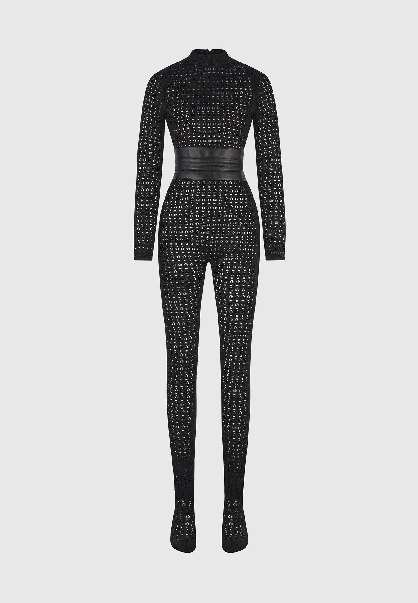 Chantal - Pointelle Knit Long Sleeve Jumpsuit with Belt - Black Female Product Image