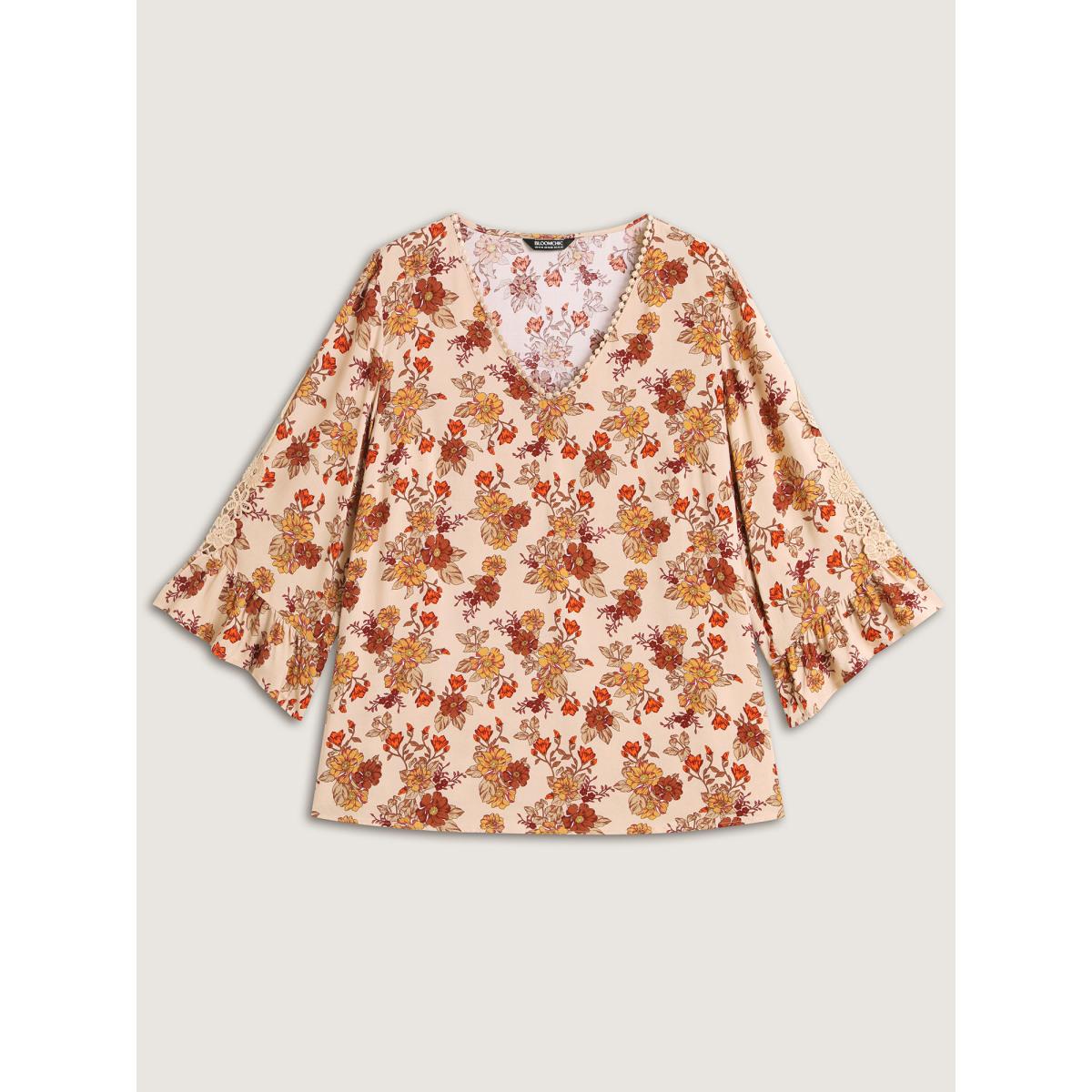 Plus Size Multicolor Floral Print Lace V-Neck Blouse Women Three Quater Length Sleeve V-neck Vacation Blouses BloomChic 14-16/1X Product Image