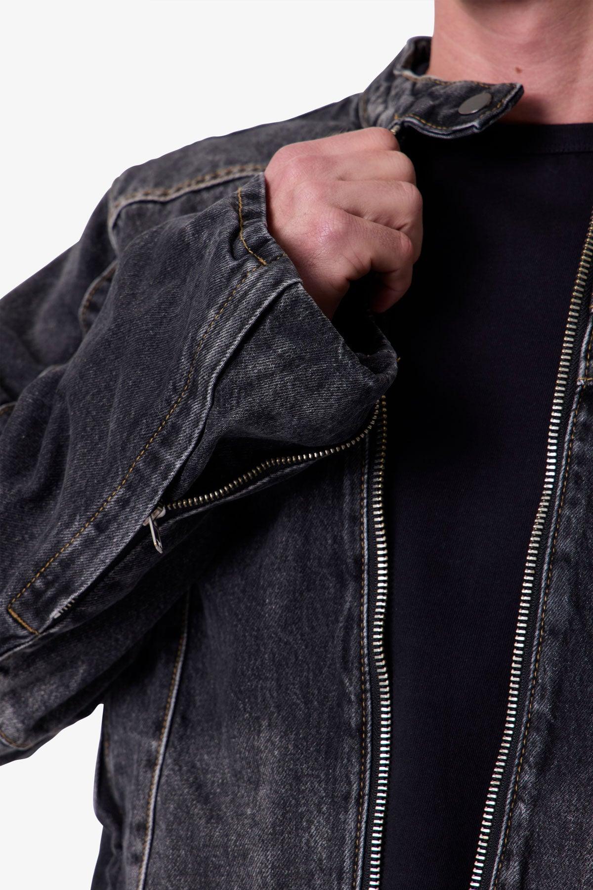 Paneled Moto Denim Jacket - Washed Black Product Image