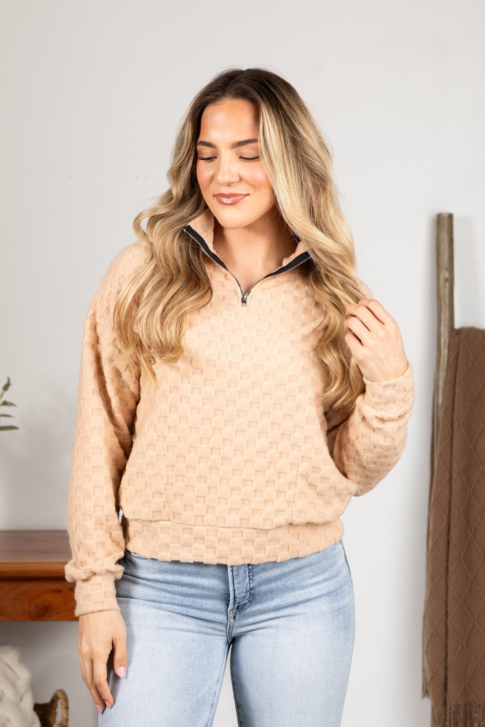Fuzzy Checkered 1/4 Zip Knit Top Product Image