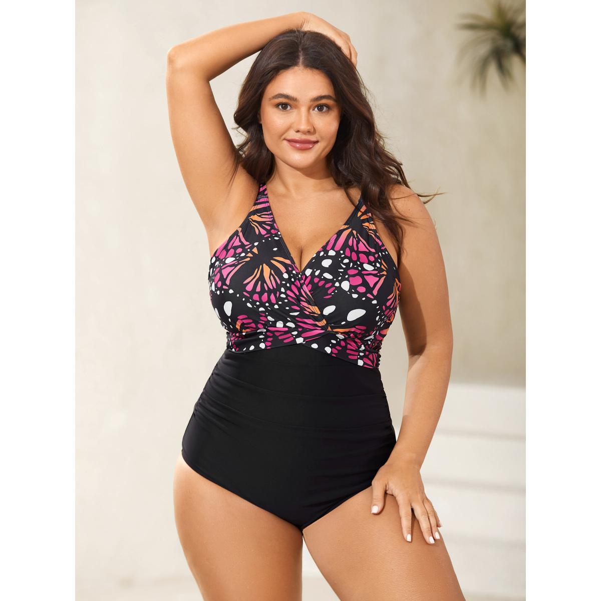 Plus Size Two-Piece Butterfly Pattern Sarong Swimsuit Women's Swimwear Multicolor Beach Curve Bathing Suits High stretch One Pieces BloomChic 26/4X Product Image