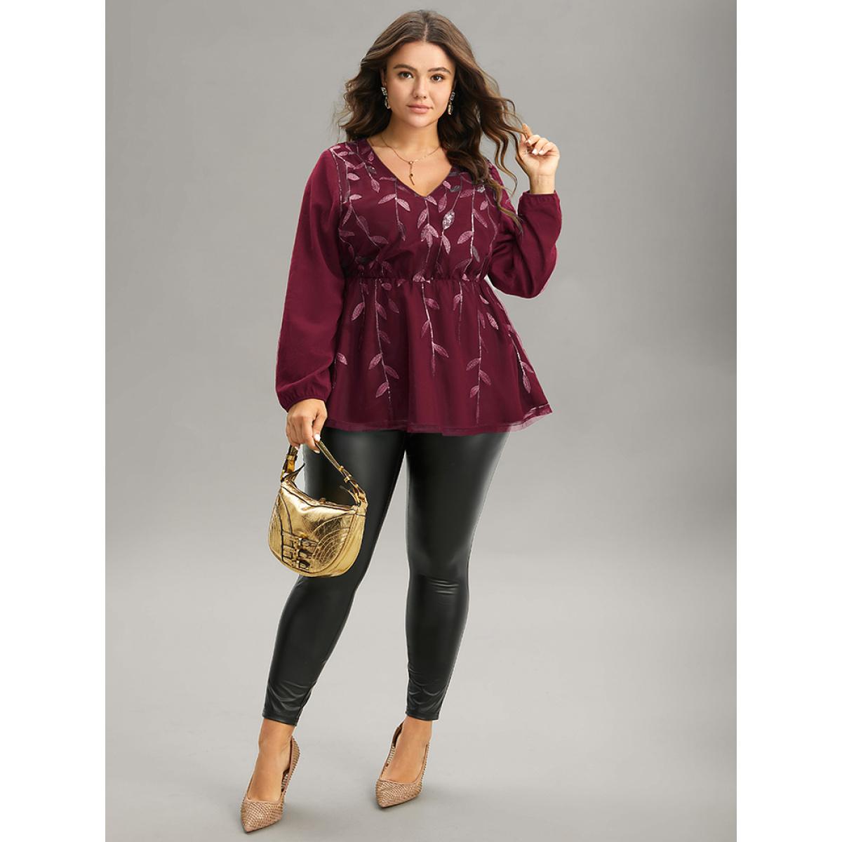 Plus Size Scarlet Leaves Embroidered Sequin Tiered Mesh Blouse Women Glamour Long Sleeve V-neck Party Blouses BloomChic 18-20/2X Product Image