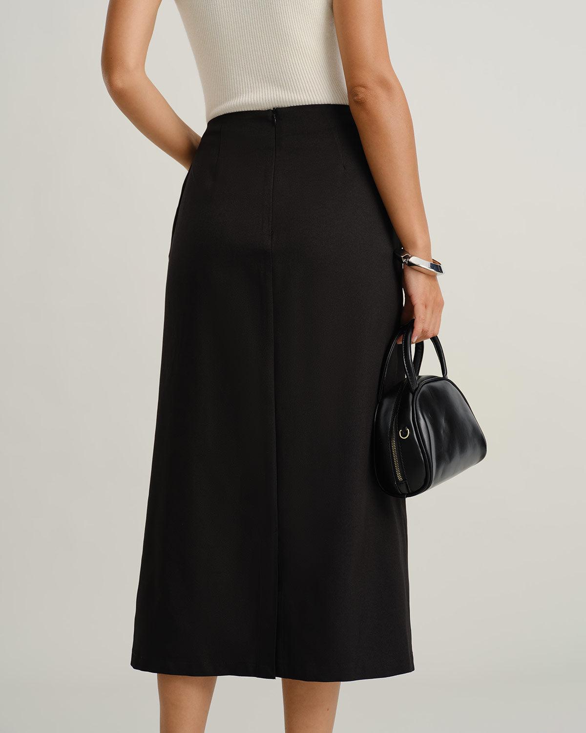 Black Natural Waisted Button Slit Midi Skirt Product Image