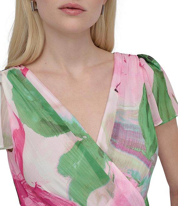 DKNY By Donna Karan Woven Floral Print V Neck Short Flutter Sleeve Wrap Dress Product Image