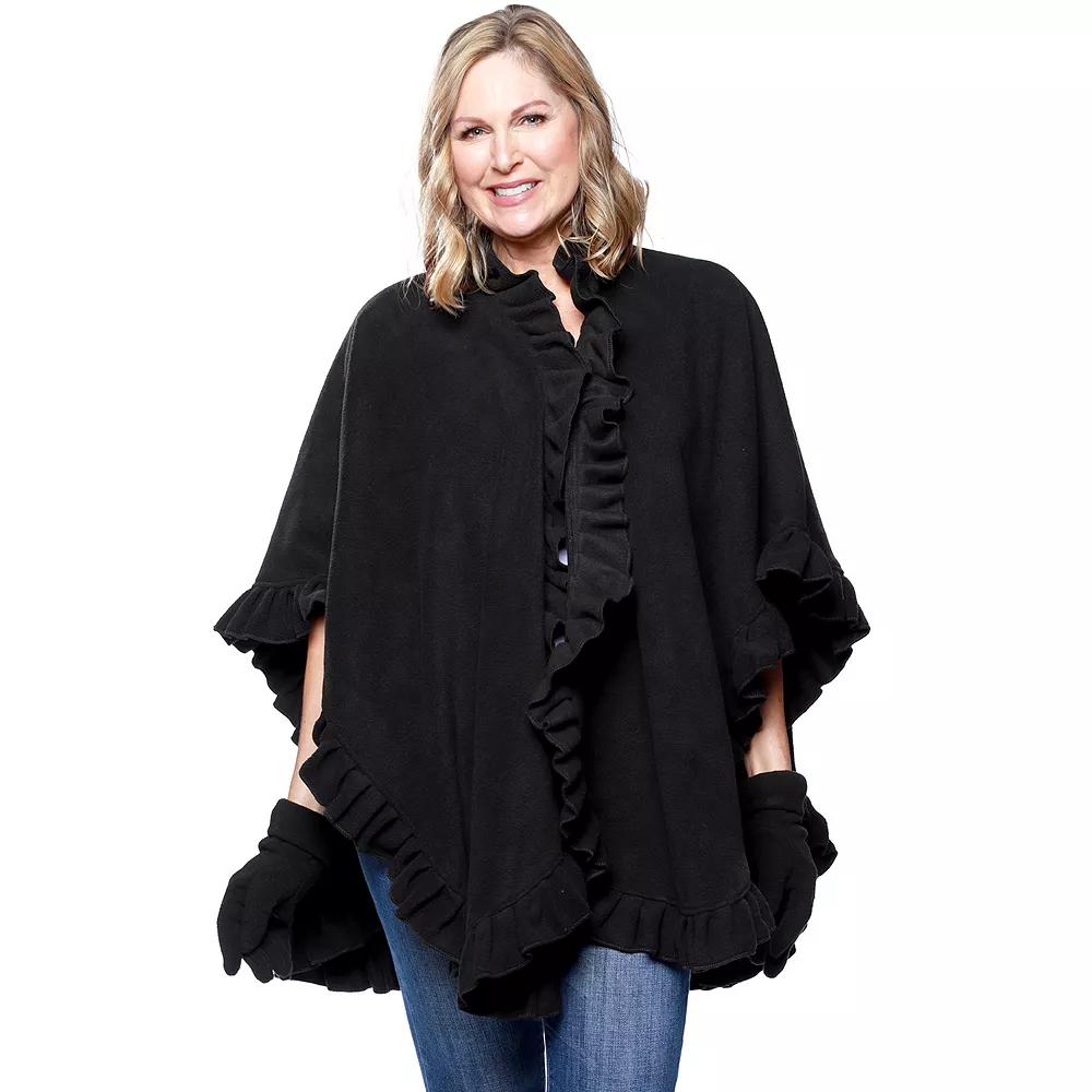 Women's Le Moda Ruffled Knit Fleece Wrap with Matching Gloves, Black Product Image