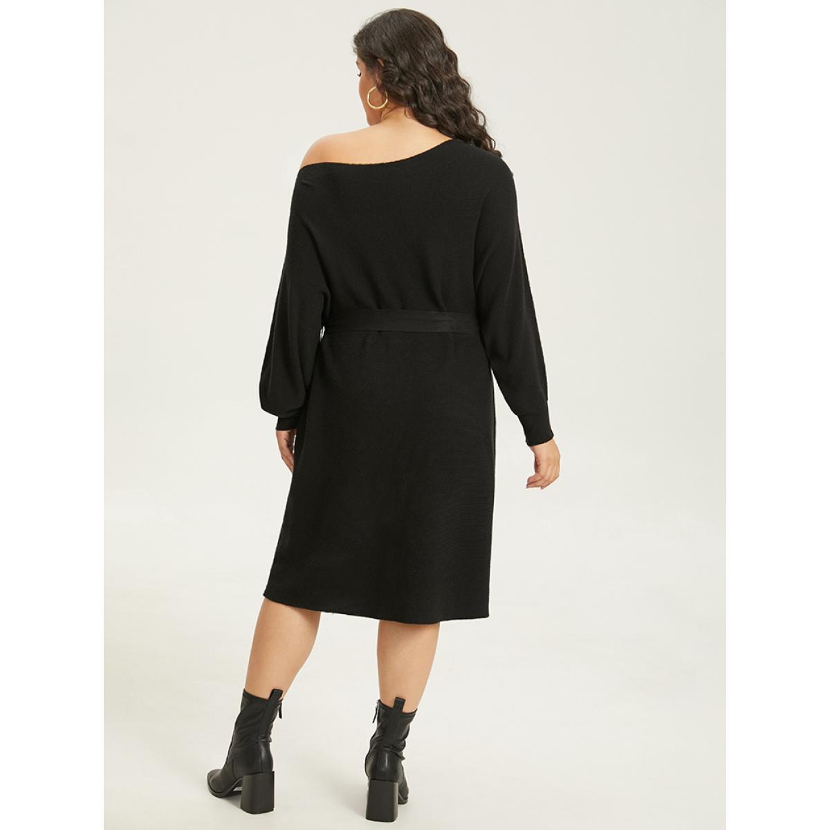 Plus Size Supersoft Essentials Boat Neck Belted Sweater Dress Black Women Casual Long Sleeve Everyday Sweater Dresses BloomChic 28/5X Product Image