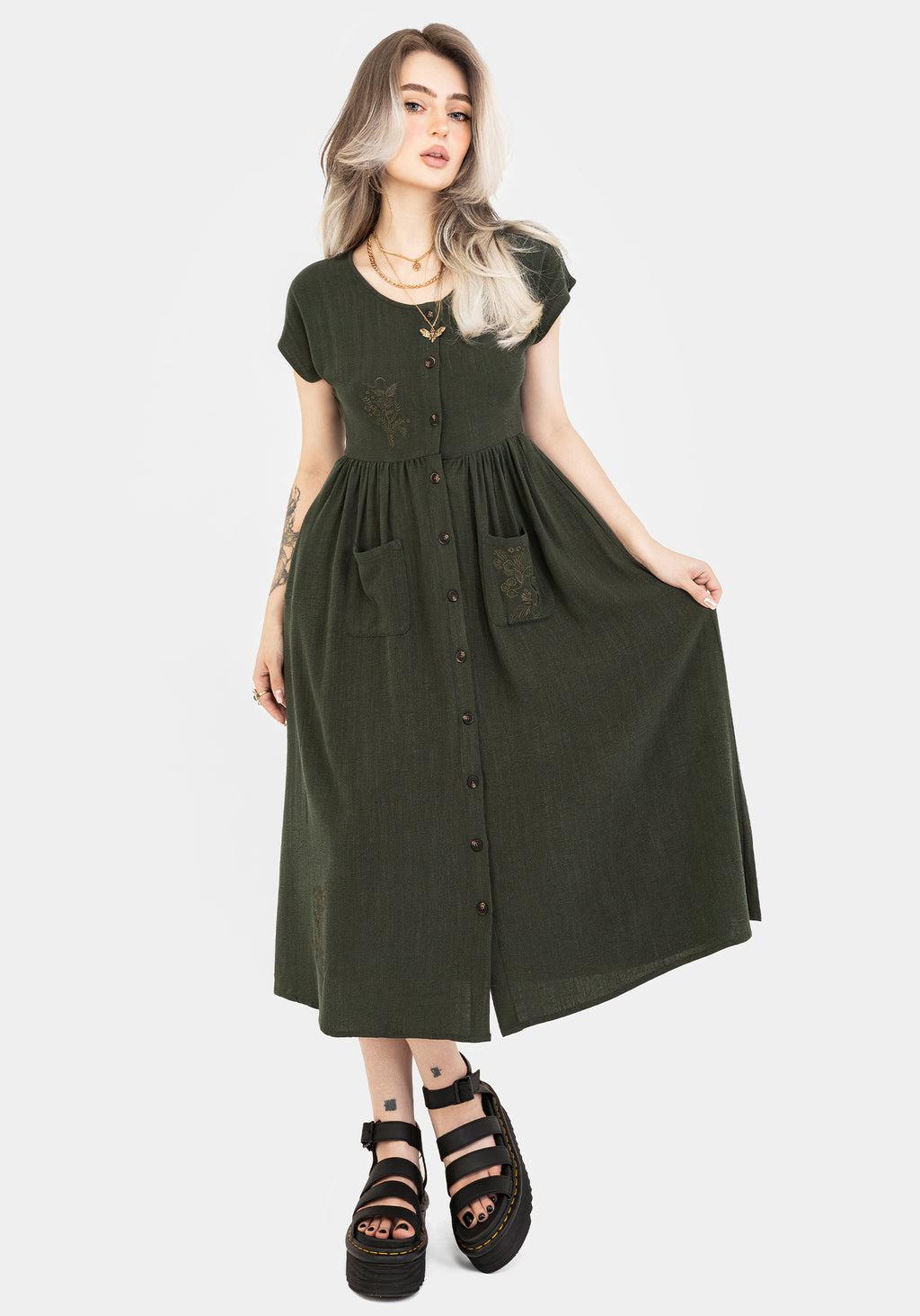 Foliate Linen-Blend Embroidered Button Up Midi Dress - Green Product Image