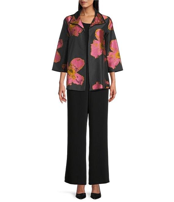Caroline Rose Pink Petal Print Devore Spread Collar Bracelet Sleeve Open-Front Statement Jacket Product Image