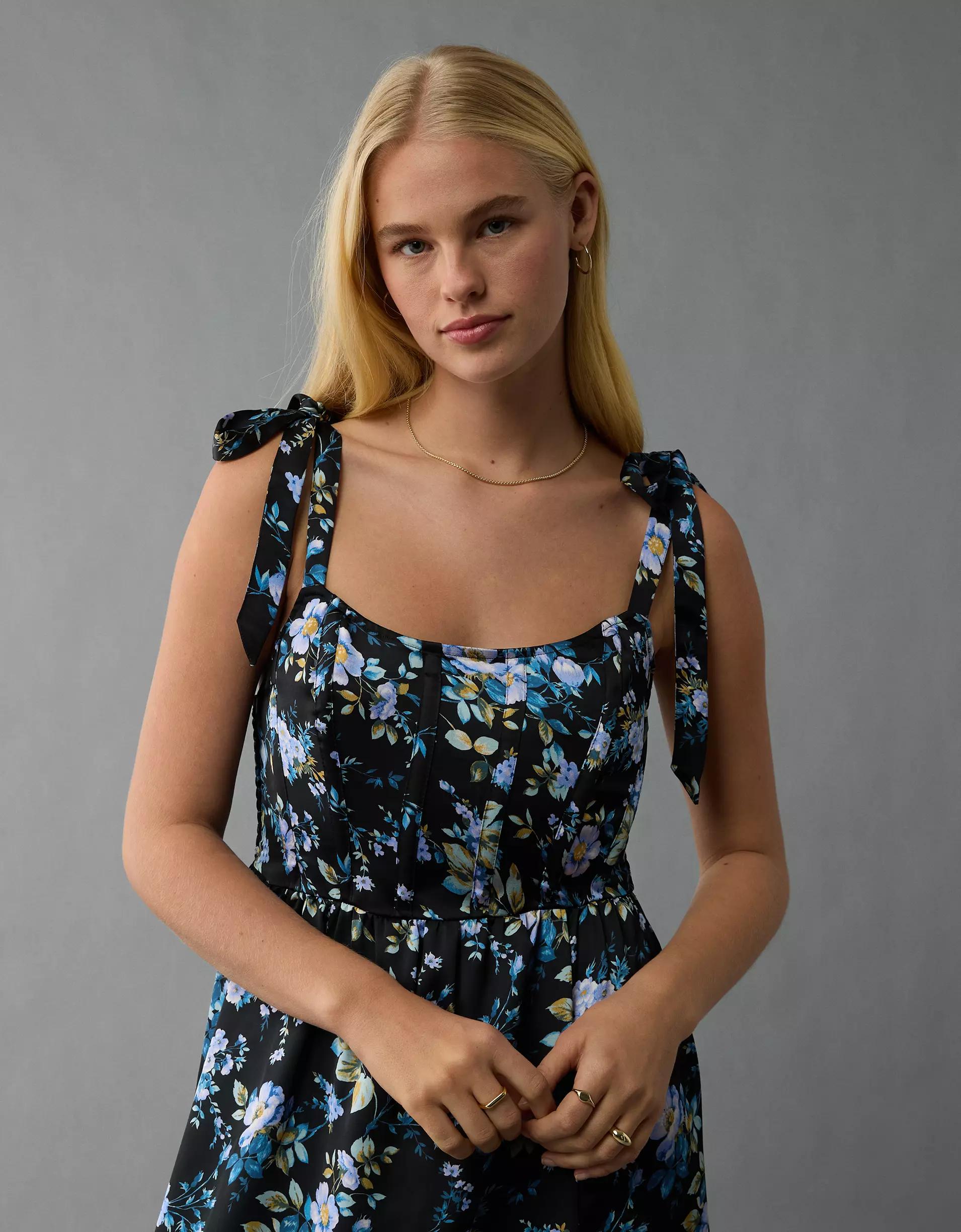 AE Corset Tie Strap Floral Midi Dress Product Image