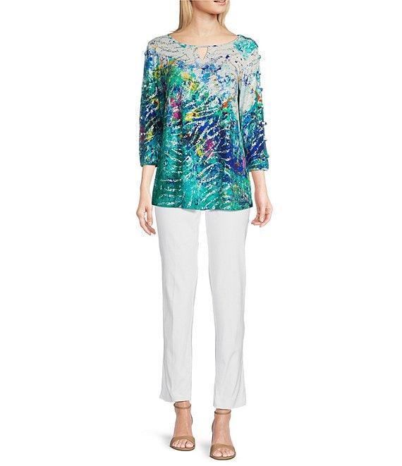 Ali Miles Foiled Burnout Split Round Neck Criss Cross Hardware 3/4 Sleeve Popover Top Product Image