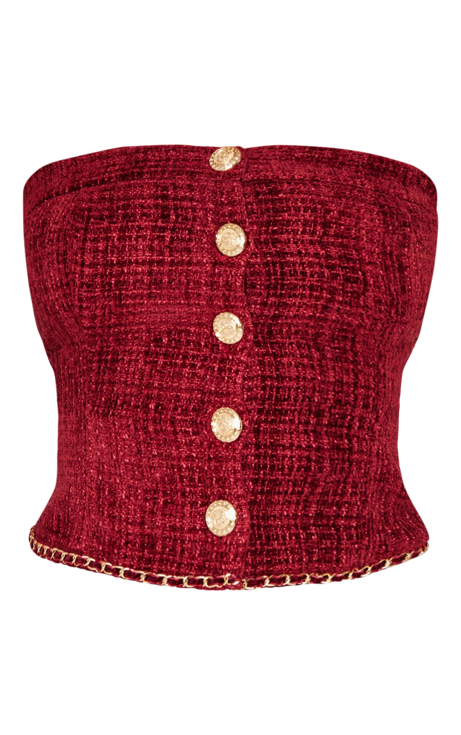 Petite Red Twill Bandeau Button Detail Top Product Image