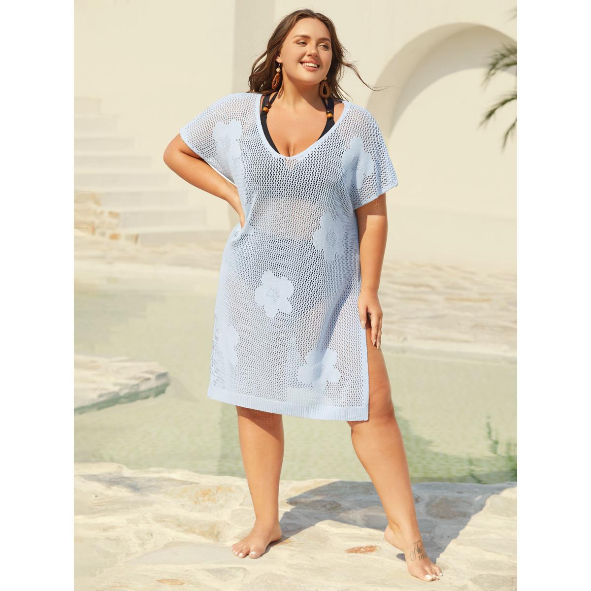 Plus Size Floral Pattern Jacquard Slit Swim Cover-Up Women's Swimwear LightBlue Beach Loose Cut-Out Curve Swim Cover Ups BloomChic 18-20/2X Product Image