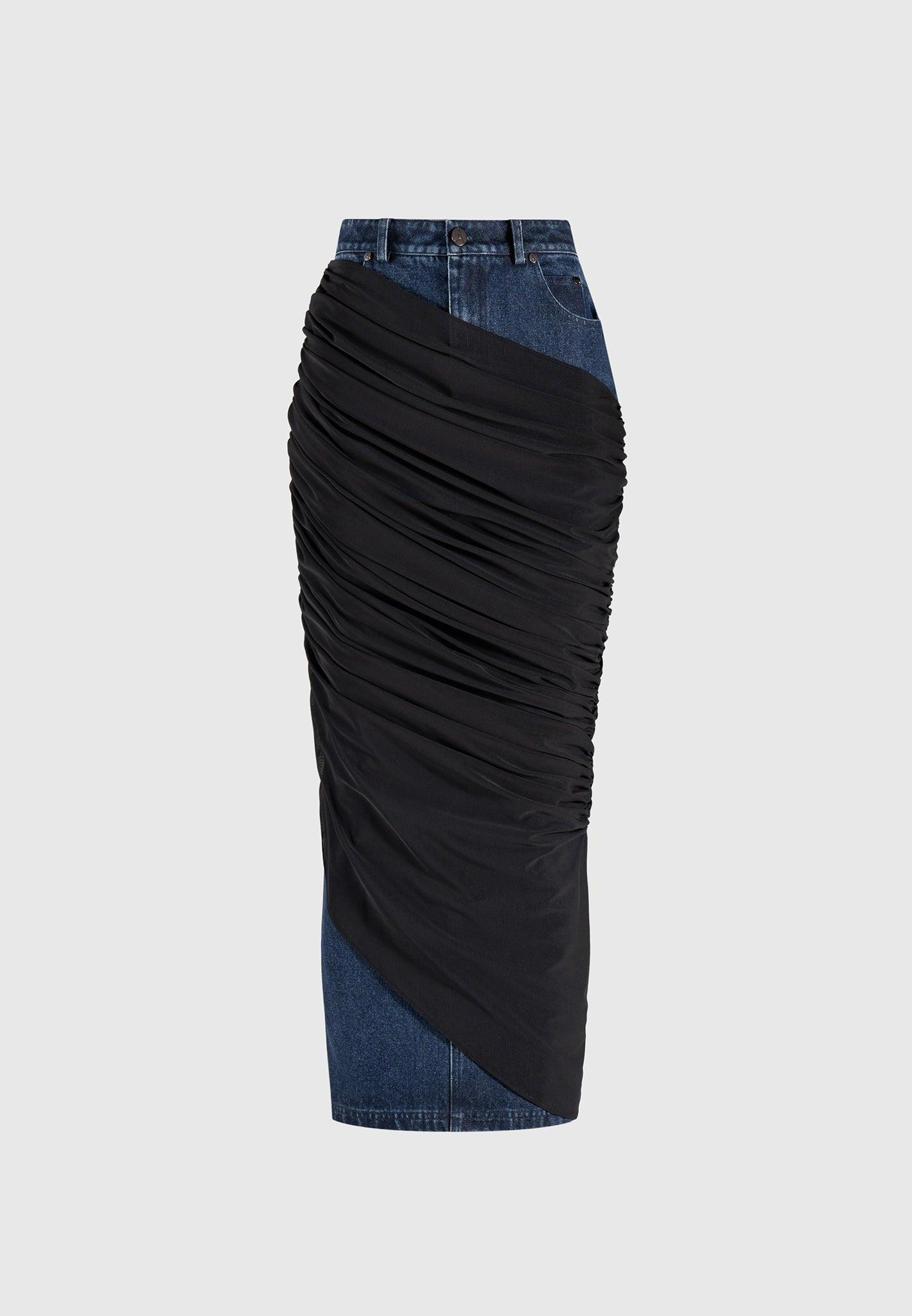 Draped Mesh Denim Maxi Skirt - Indigo Female Product Image