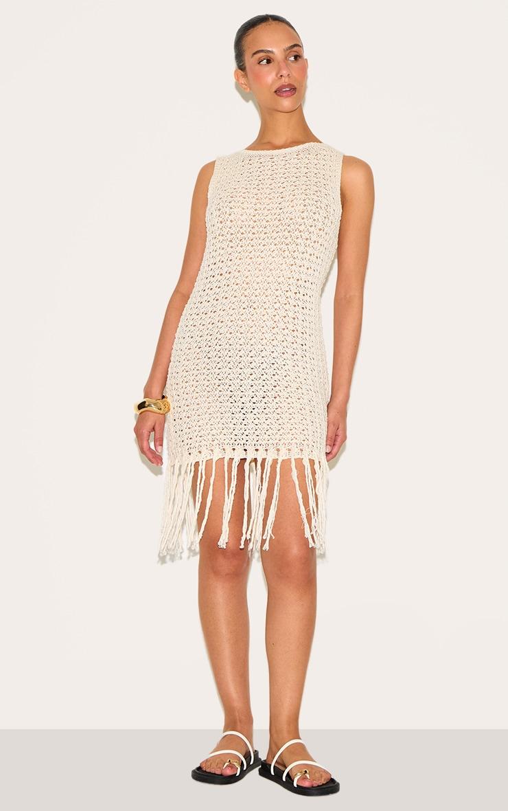 Petite Cream Crochet Boat Neck Tassle Mini Dress Product Image