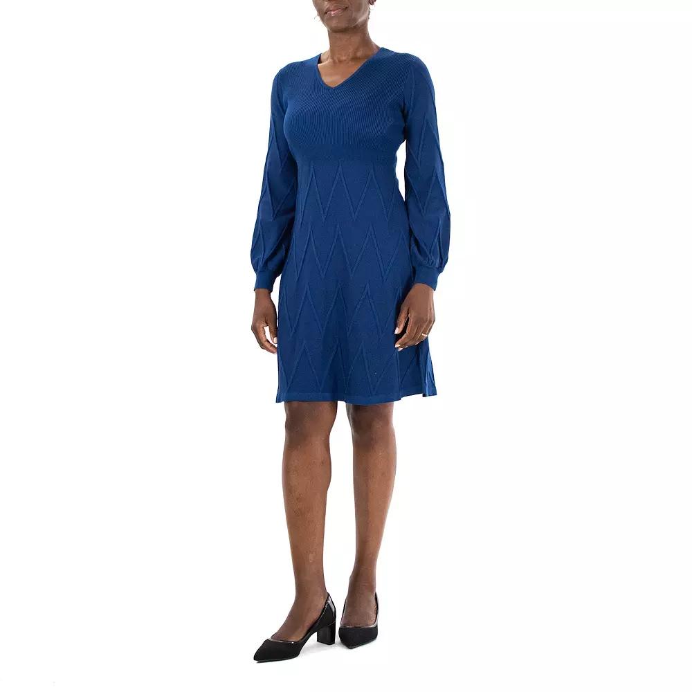 Women's Nina Leonard Textured Balloon Sleeve Sweaterdress, Size: Large, Dark Blue Product Image