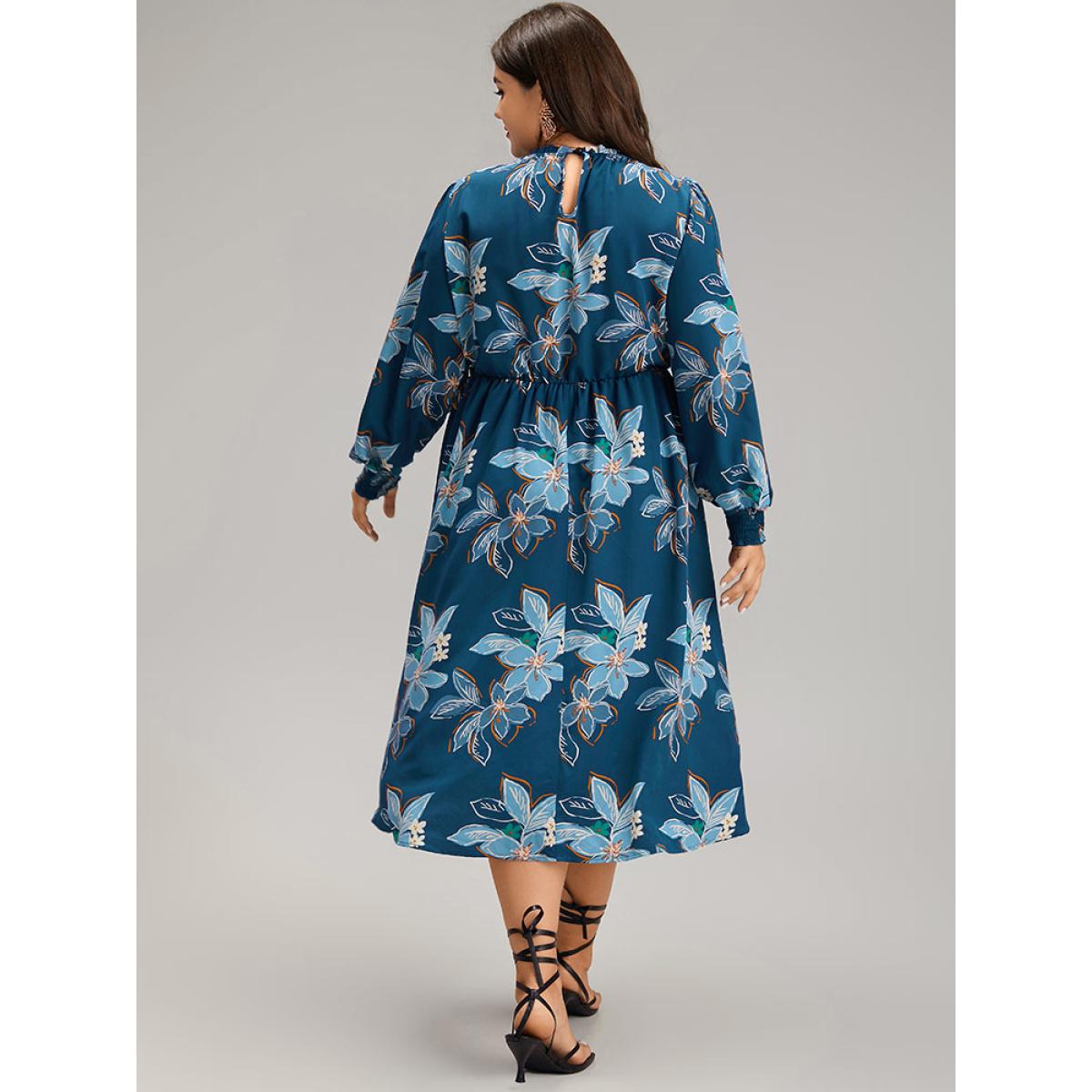 Plus Size Floral Mock Neck Frill Trim Keyhole Dress Aegean Women Elegant Elastic cuffs Mock Neck Long Sleeve Curvy Midi Dress BloomChic 30/6X Product Image