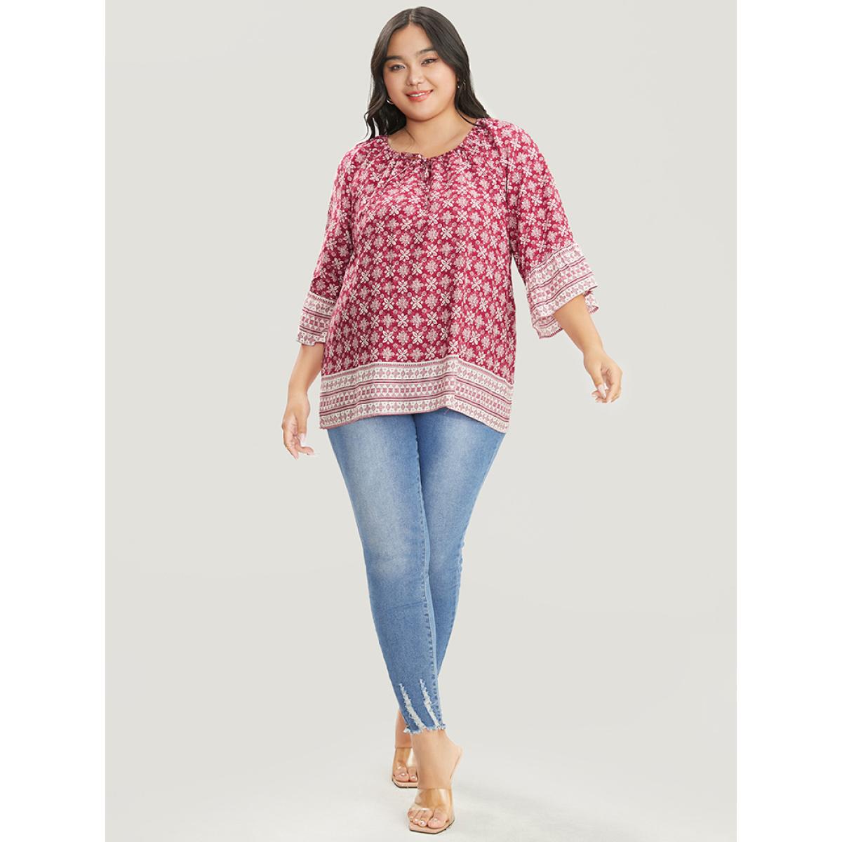 Plus Size Crimson Floral Print Bell Sleeve Knotted Round Neck Blouse Women Vacation Elbow-length sleeve Round Neck Dailywear Blouses BloomChic 22-24/3X Product Image