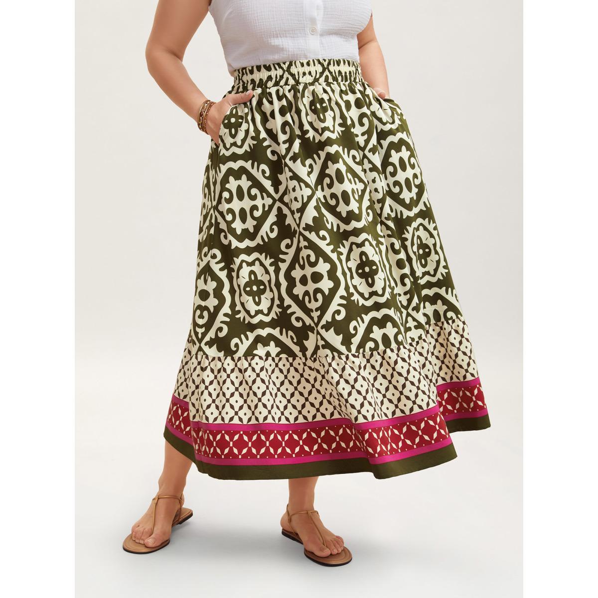 Plus Size Mixed Ornate Print Contrast Maxi Skirt Women Moss Resort Contrast Loose No stretch Slanted pocket Vacation Skirts BloomChic 14-16/1X Product Image