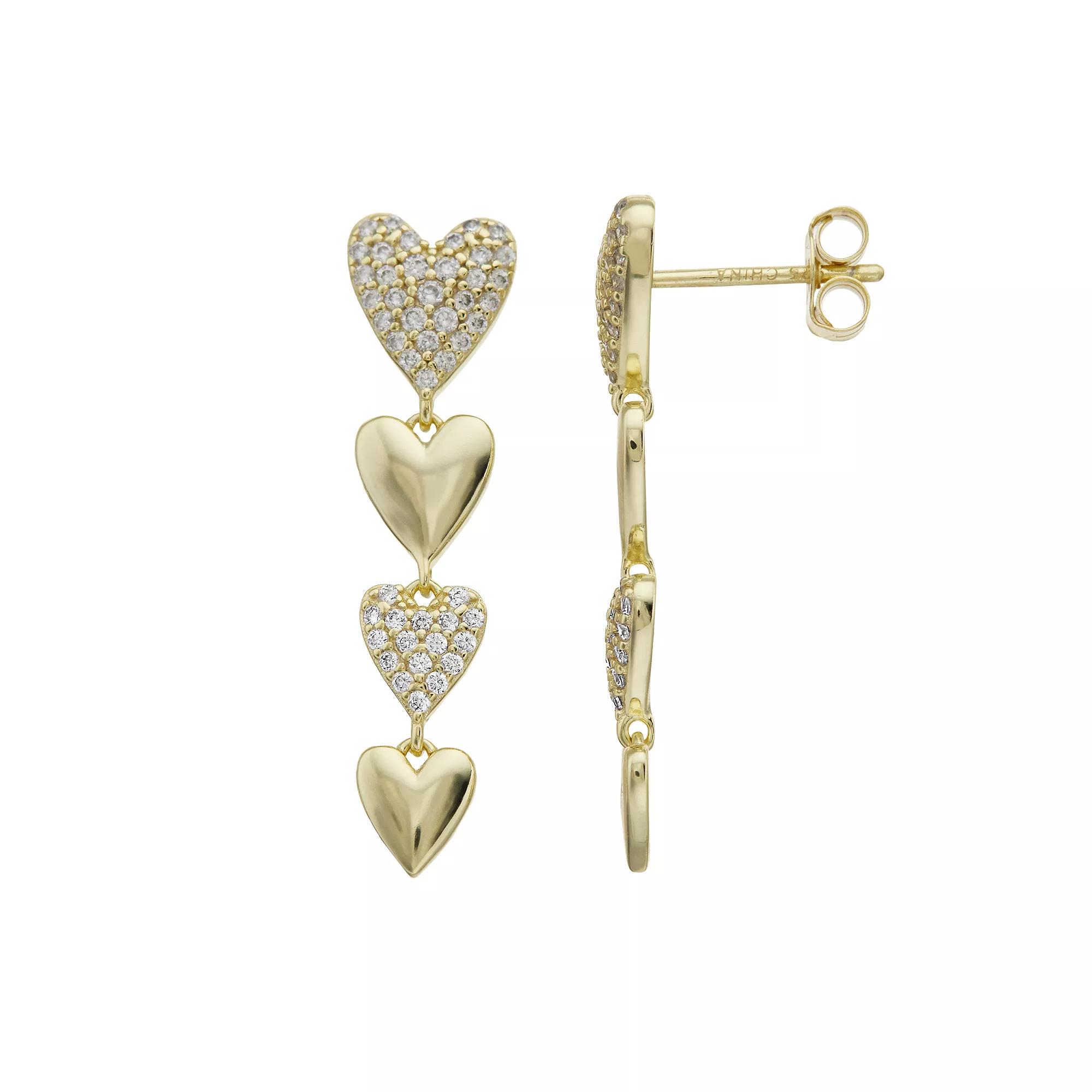 14k Gold Over Silver & Cubic Zirconia Double Stampato Heart Dangle Earrings, Women's, Gold Tone Product Image