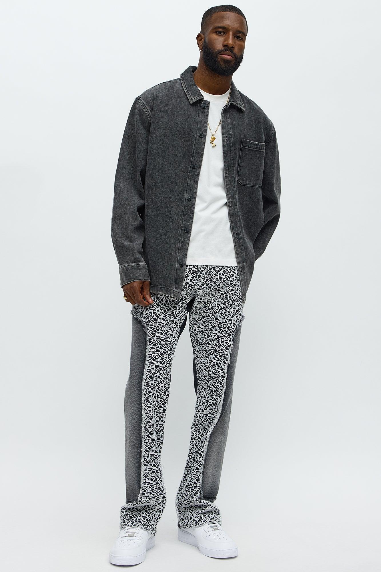 Stacked Slim Flare Burnout Laced Distressed Jeans - Black/combo Product Image