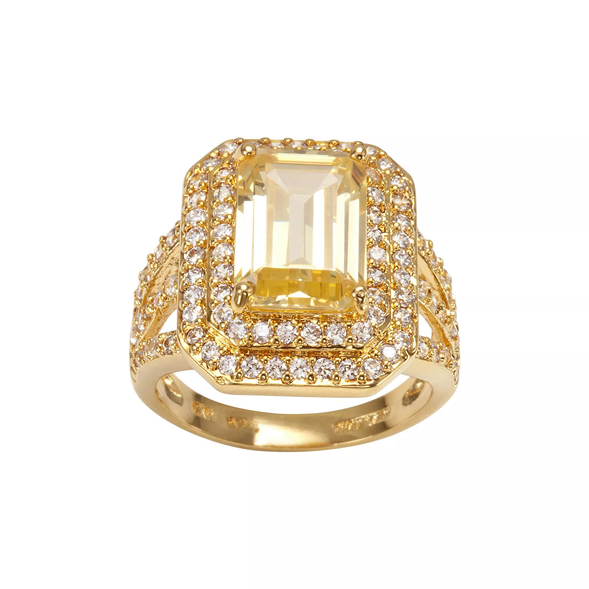 Sophie Miller 14k Gold Over Silver Yellow & White Cubic Zirconia Tiered Octogonal Halo Ring, Womens Product Image