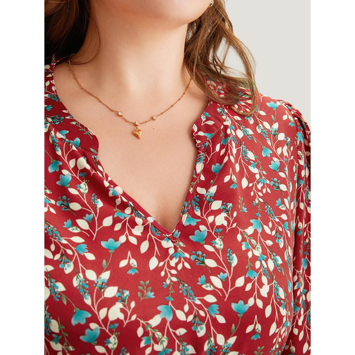 Plus Size Ditsy Floral Pocket Shirred Notched Dress Crimson Women Elegant Elastic cuffs Notched collar Long Sleeve Curvy Midi Dress BloomChic 18-20/2X Product Image