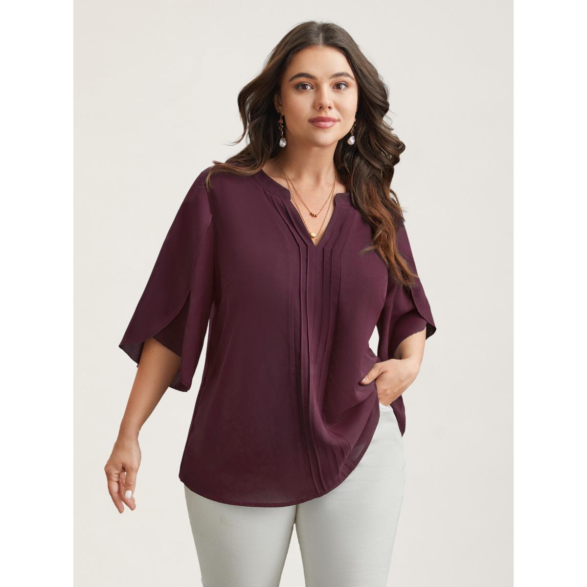 Plus Size Browncoffeecolor Petal Sleeve Toothpick Pleats Shirt Women Office Elbow-length sleeve Notched collar Office Blouses BloomChic 12/L Product Image