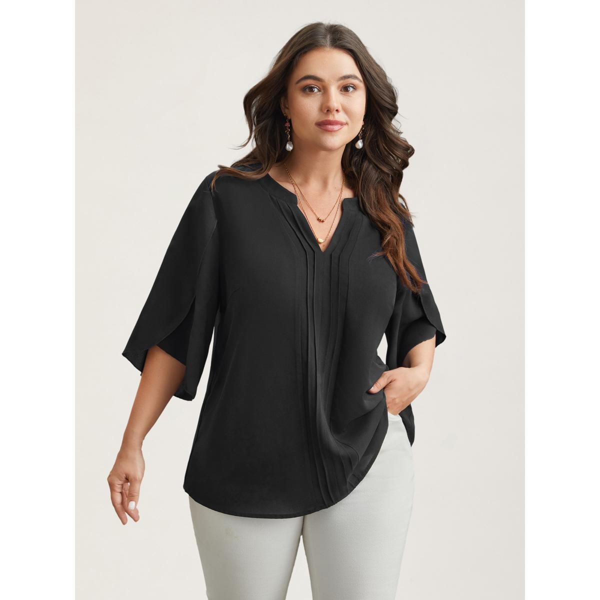 Plus Size Browncoffeecolor Petal Sleeve Toothpick Pleats Shirt Women Office Elbow-length sleeve Notched collar Office Blouses BloomChic 12/L Product Image