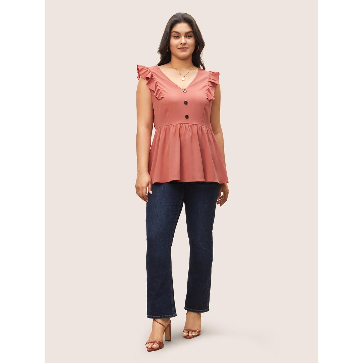 Plus Size Deep V Neck Ruffles Button Detail Gathered Tank Top Women Coral Casual Texture Deep V-neck Everyday Tank Tops Camis BloomChic 22-24/3X Product Image