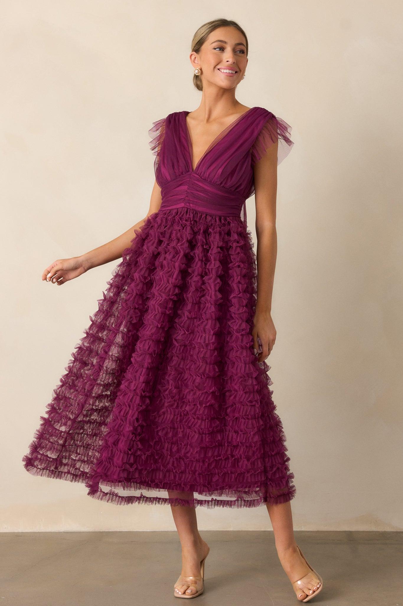 Fearless Hearts Plum Ruffle Midi Dress Product Image