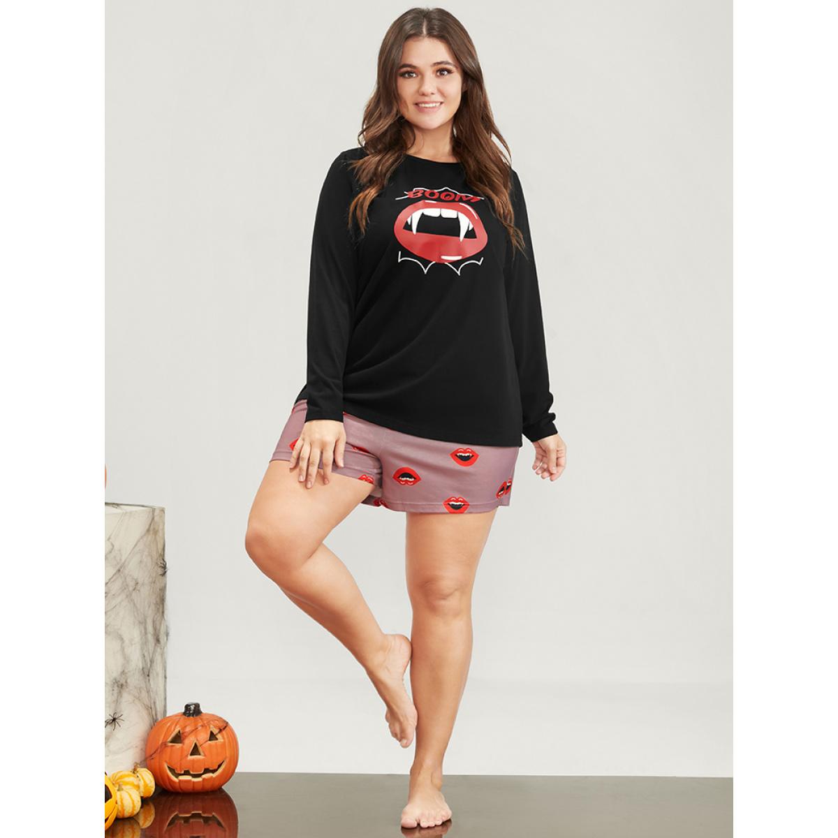 Plus Size Halloween Lip Print Pajama Set Women Black Graphic-Halloween Printed Long Sleeve Round Neck Casual Loungewear Sets BloomChic 10/M Product Image