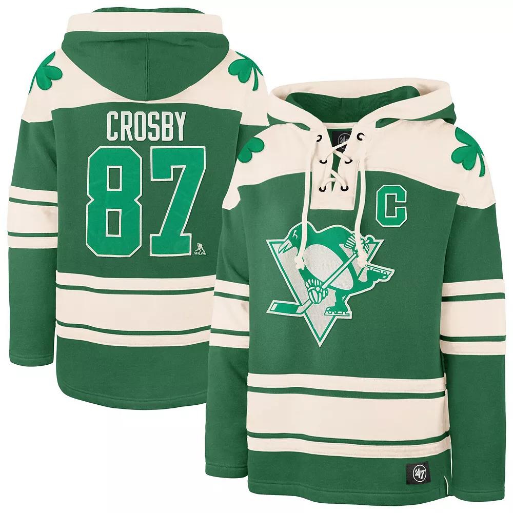Men's '47 Sidney Crosby Kelly Green Pittsburgh Penguins St. Patrick's Day Player Name & Number Lacer Pullover Hoodie, Size: Large Product Image
