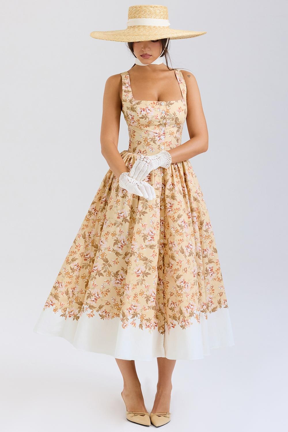 Imani  honeyflower print pleated cotton mini dress Product Image