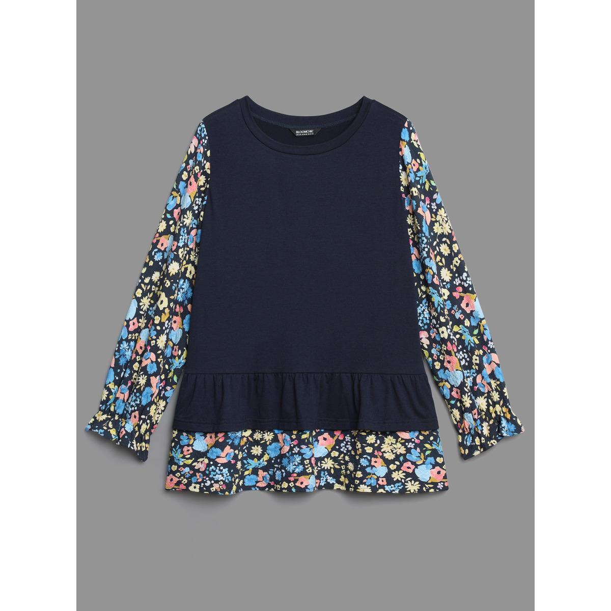 Plus Size Floral Spliced Tiered Hem T-Shirt Indigo Women Elegant Contrast Natural Flowers Round Neck Everyday T-shirts BloomChic 22-24/3X Product Image