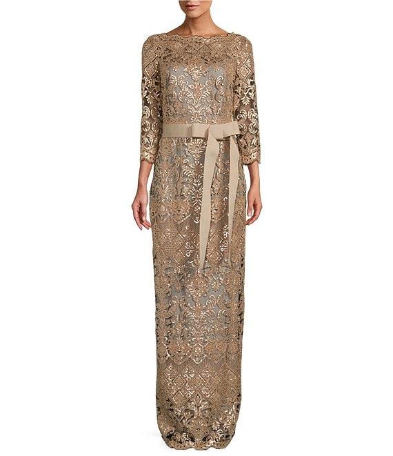Tadashi Shoji Boat Neck 3/4 Sleeve Sequin Lace Illusion Ribbon Belt Gown Product Image