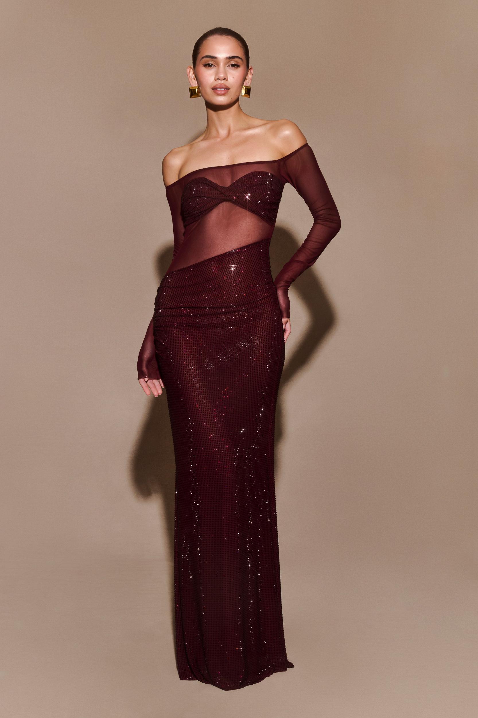 Nash Diamante Off Shoulder Maxi Dress - Mahogany Product Image