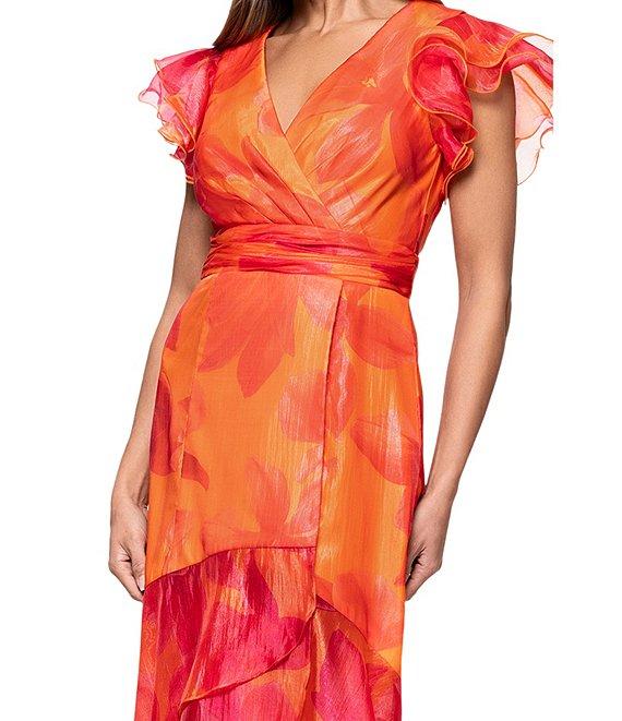 Xscape Organza Floral Print V-Neck Short Sleeve Ruffle A-Line Midi Dress Product Image