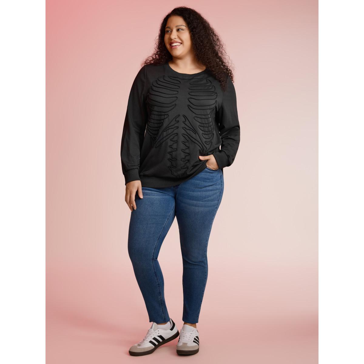 Plus Size Skeleton Embroidered Crew Neck Sweatshirt Women Black Leisure Patchwork Loose Round Neck Casual Sweatshirts BloomChic 28/5X Product Image