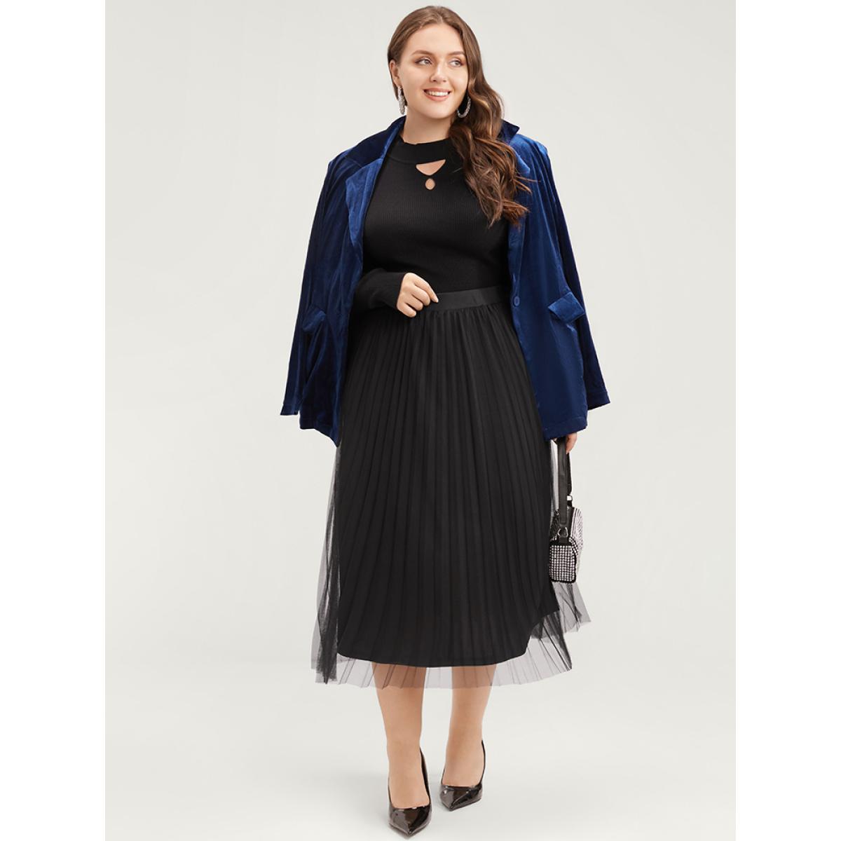 Plus Size Solid Mesh Elastic Waist Pleated Skirt Women Black Glamour Elastic Waist No stretch Going out Skirts BloomChic 14-16/1X Product Image