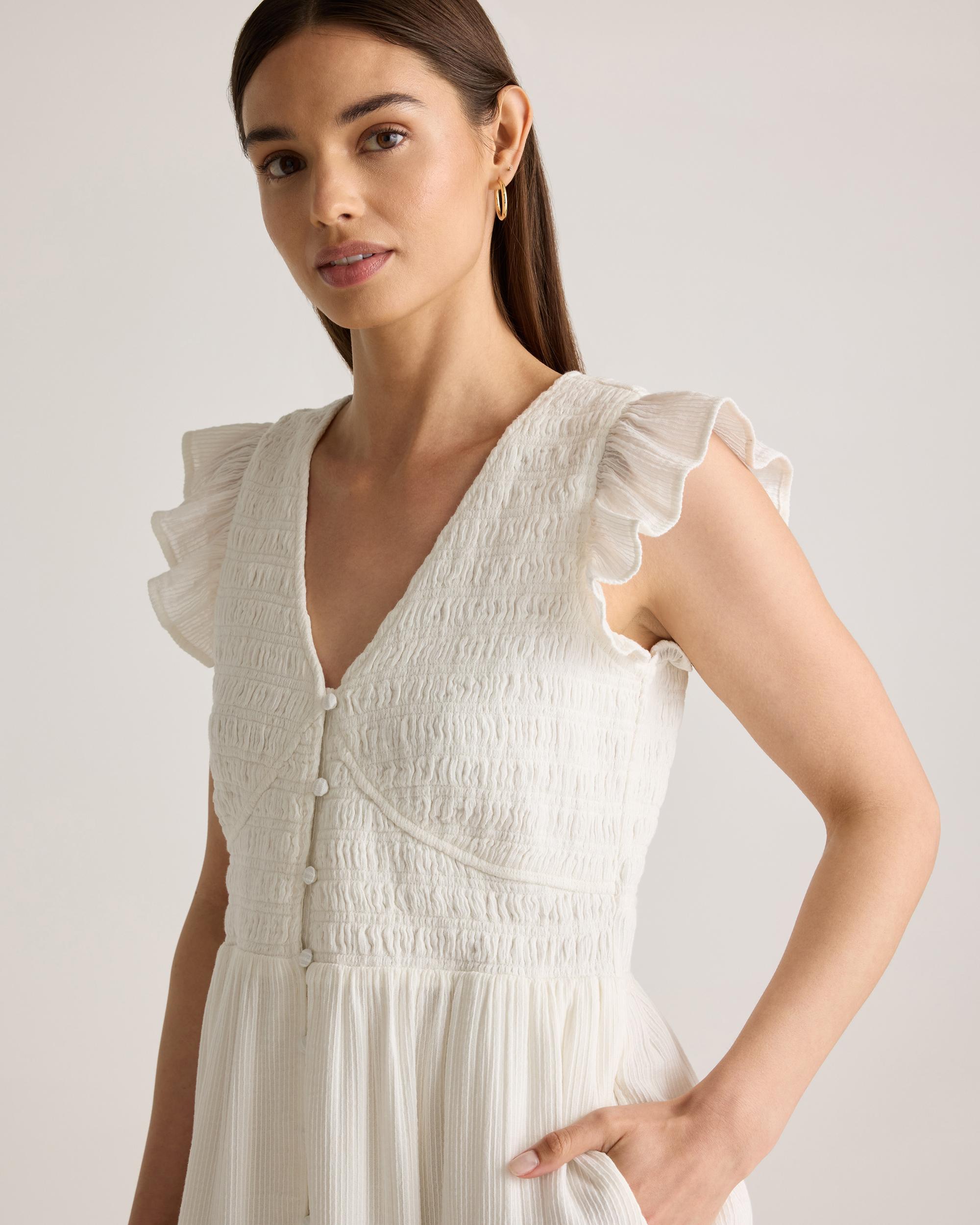 Quince | Women's Organic Textured Cotton Smocked V-Neck Midi Dress Organic Cotton Product Image