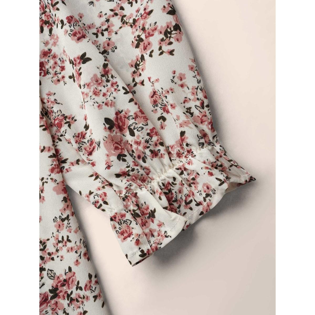 Plus Size Beige Back Lace Trim Ditsy Floral Print Blouse Women Elegant Long Sleeve Round Neck Everyday Blouses BloomChic 18-20/2X Product Image