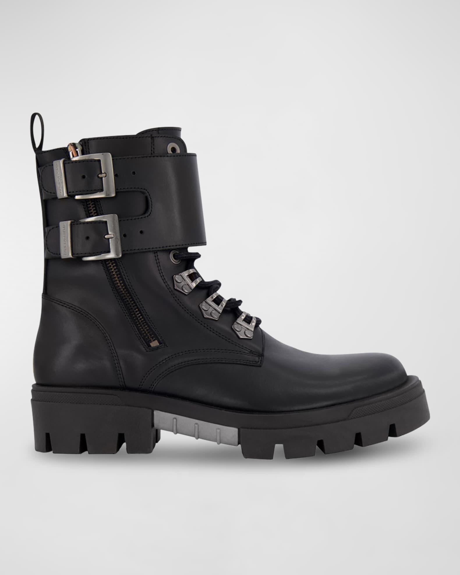 Men's Double-Buckle Monk Leather Combat Boots Product Image